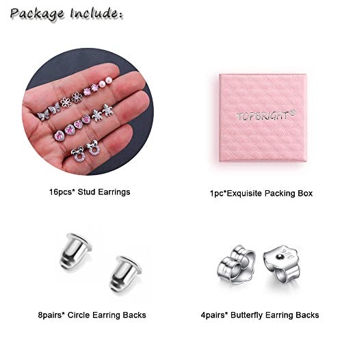 TOPBRIGHT 8 Pairs Hypoallergenic Earrings 925 Sterling Silver Stud Earrings Heart CZ Tiny Butterfly For Kids, Toddlers, Little Girls, Teens, Women - Image 2