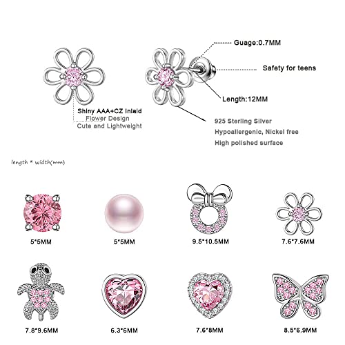 TOPBRIGHT 8 Pairs Hypoallergenic Earrings 925 Sterling Silver Stud Earrings Heart CZ Tiny Butterfly For Kids, Toddlers, Little Girls, Teens, Women - Image 4