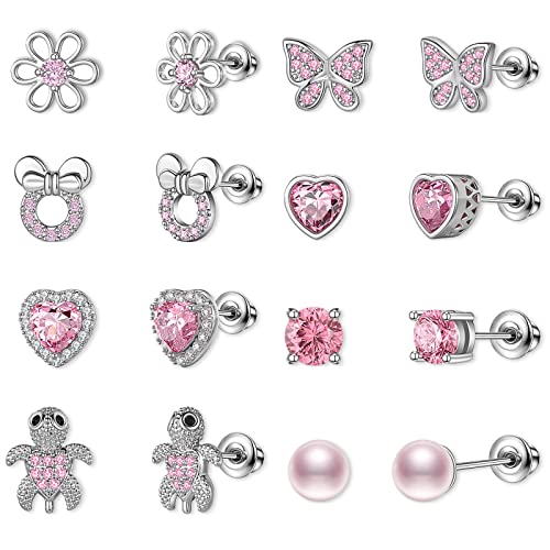 TOPBRIGHT 8 Pairs Hypoallergenic Earrings 925 Sterling Silver Stud Earrings Heart CZ Tiny Butterfly For Kids, Toddlers, Little Girls, Teens, Women - Image 1