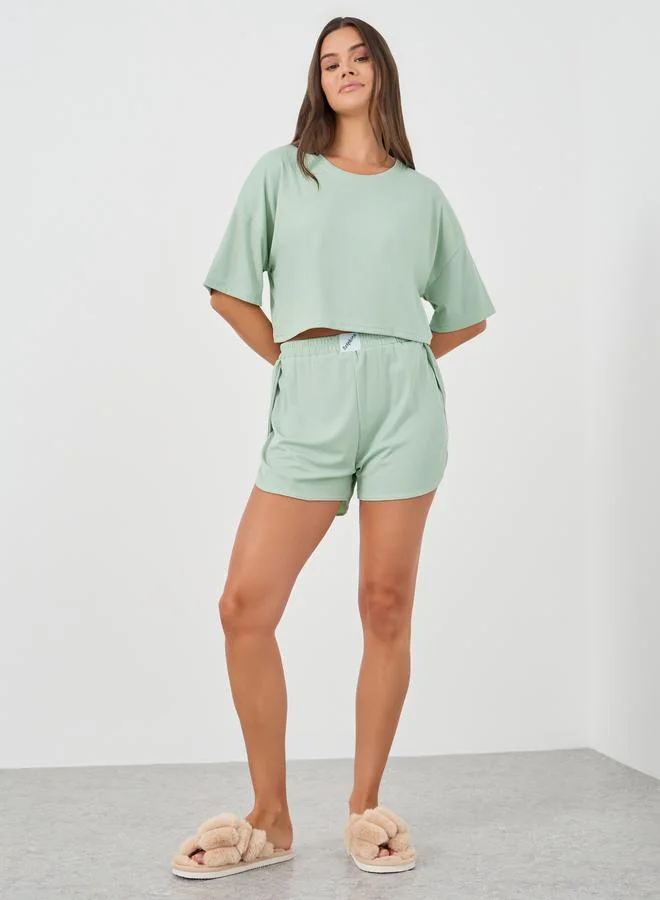 ستايلي Styli Solid Short Sleeve Crop T-Shirt and Shorts Set