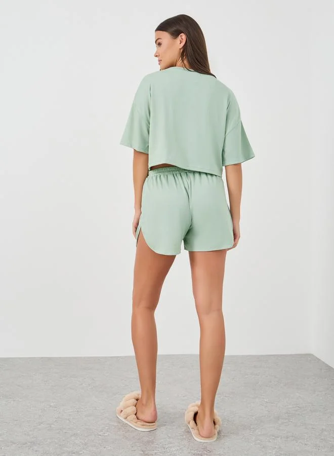 ستايلي Styli Solid Short Sleeve Crop T-Shirt and Shorts Set