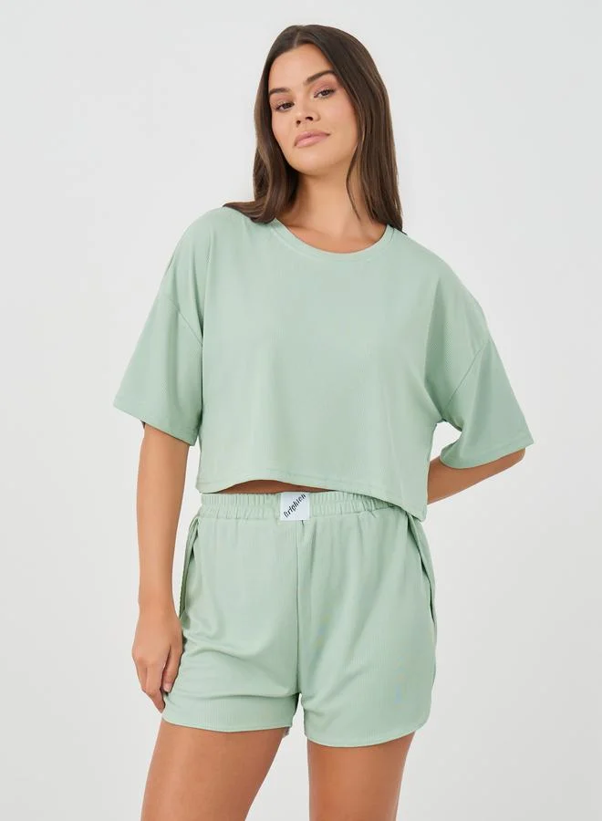 ستايلي Styli Solid Short Sleeve Crop T-Shirt and Shorts Set