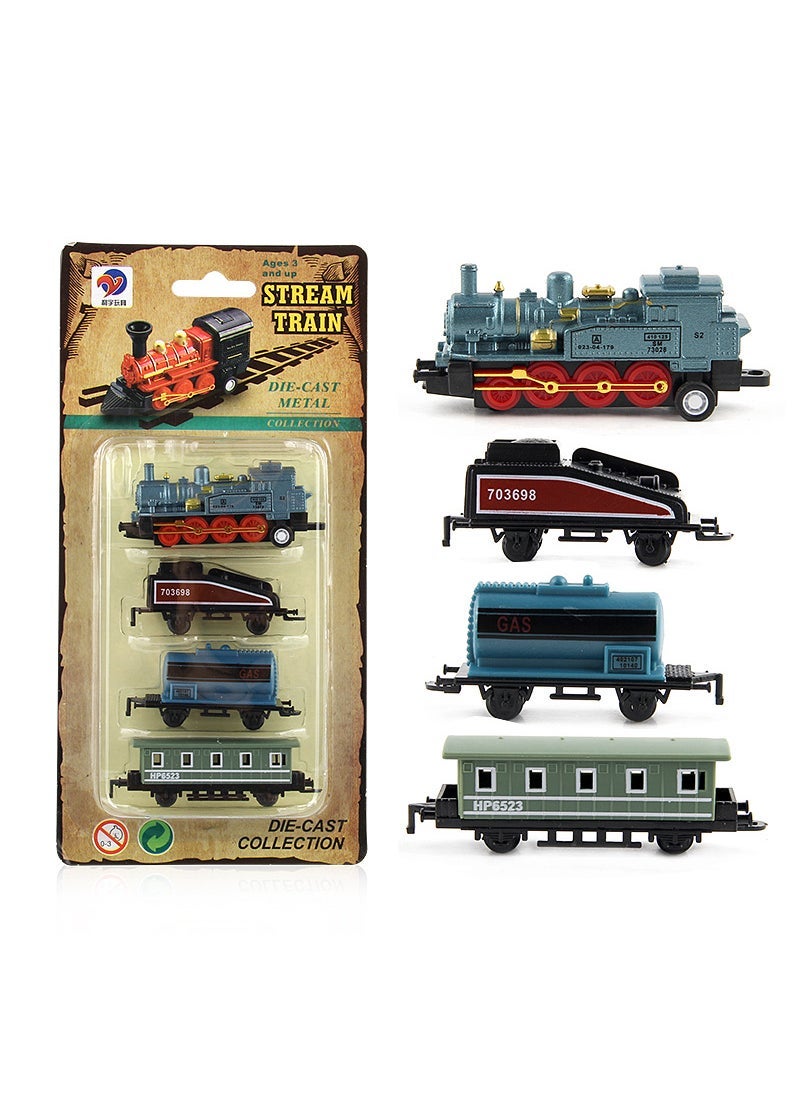 Foreign trade English version alloy car model retro steam pull-back simulation train childrens toy car can be freely spliced YL517 Blue 85g 