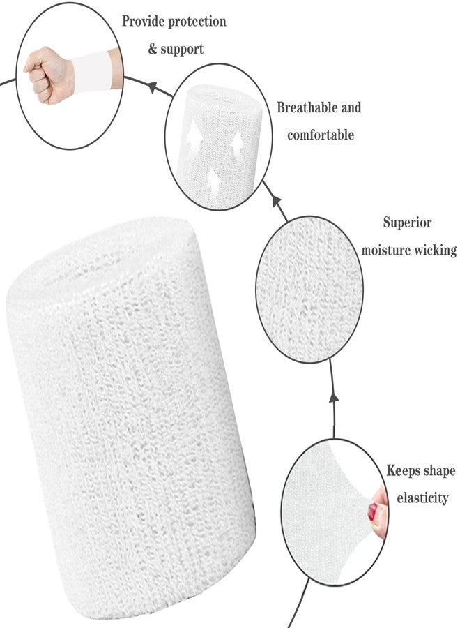 IMAGERIO 6 Pack 4 Inch Wrist Sweatbands Tennis Wrist Bands Absorbent Sweat Band for Men and Women, Breathable Cotton Sweatbands for Working Out, Football, Basketball, Running Athletic Sports -White - Image 4