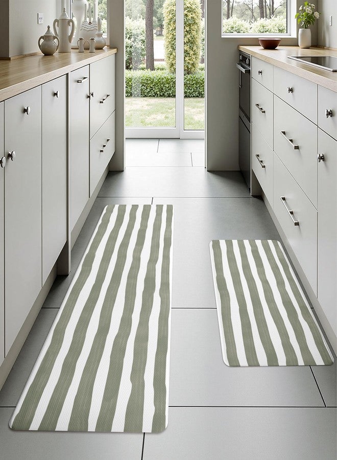 VivaNest Sage Green Brushstroke Striped Kitchen Rug Sets [2 PCs], Anti-Fatigue, Waterproof Non-Slip Kitchen Mats Heavy Duty Ergonomic Comfort Foam Rug for Floor, Home, Laundry,17"x29"+17"x47" - Image 3