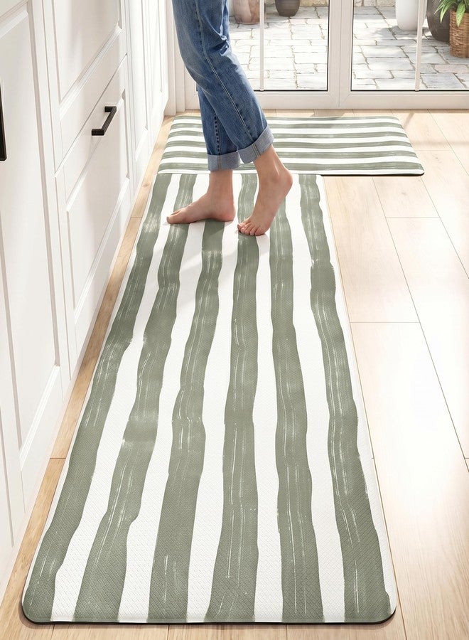 VivaNest Sage Green Brushstroke Striped Kitchen Rug Sets [2 PCs], Anti-Fatigue, Waterproof Non-Slip Kitchen Mats Heavy Duty Ergonomic Comfort Foam Rug for Floor, Home, Laundry,17"x29"+17"x47" - Image 1