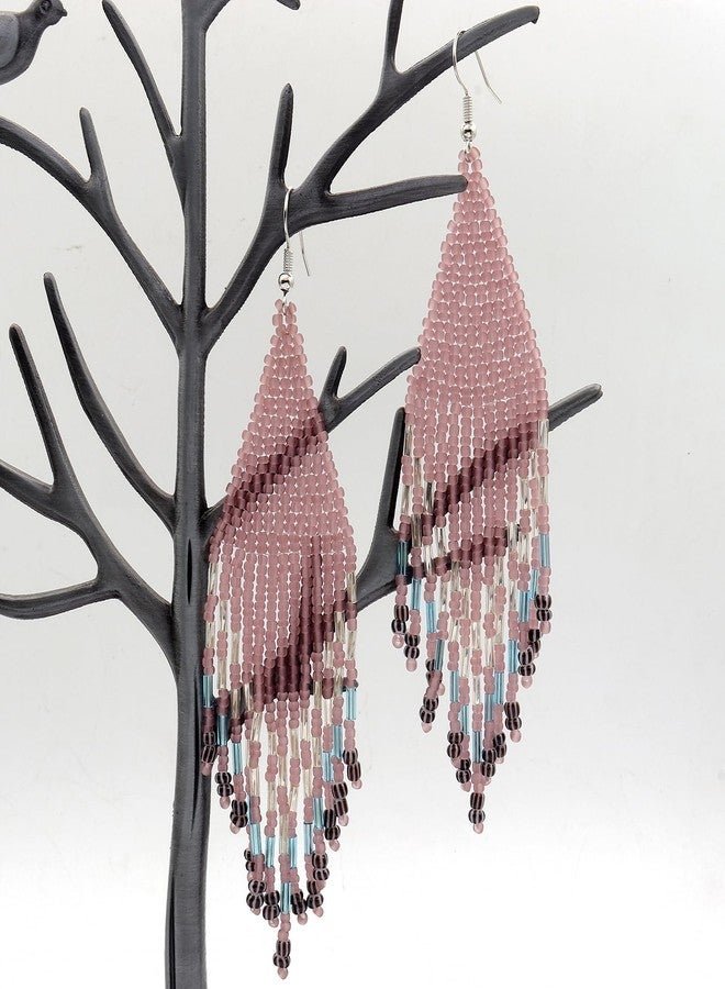 FUTIMELY Rice Beaded Tassel Drop Dangle Earrings for Women,Boho Handmade Seed Bead Native Bohemian Large Statement Fringe Long Earrings for Women(Pink) - Image 3