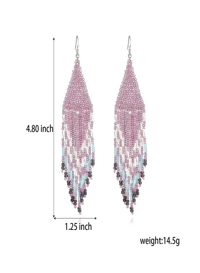 FUTIMELY Rice Beaded Tassel Drop Dangle Earrings for Women,Boho Handmade Seed Bead Native Bohemian Large Statement Fringe Long Earrings for Women(Pink) - Image 2