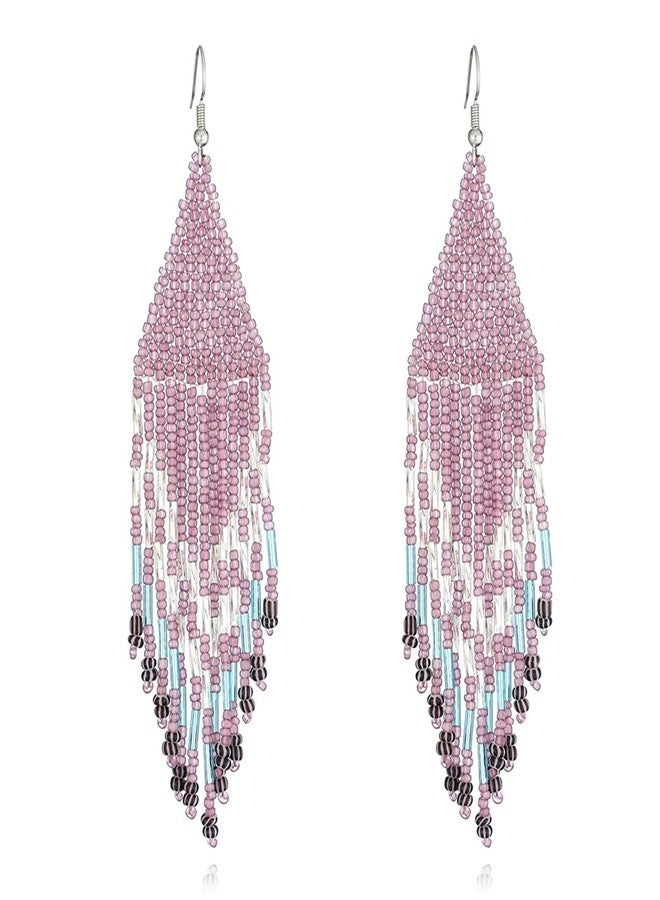 FUTIMELY Rice Beaded Tassel Drop Dangle Earrings for Women,Boho Handmade Seed Bead Native Bohemian Large Statement Fringe Long Earrings for Women(Pink) - Image 1