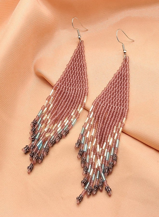 FUTIMELY Rice Beaded Tassel Drop Dangle Earrings for Women,Boho Handmade Seed Bead Native Bohemian Large Statement Fringe Long Earrings for Women(Pink) - Image 4
