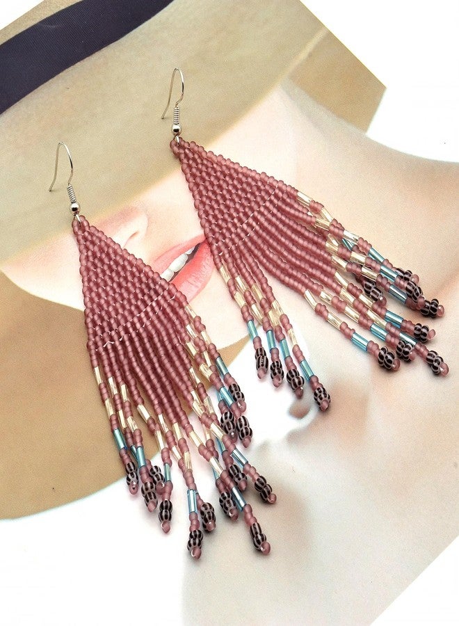FUTIMELY Rice Beaded Tassel Drop Dangle Earrings for Women,Boho Handmade Seed Bead Native Bohemian Large Statement Fringe Long Earrings for Women(Pink) - Image 5