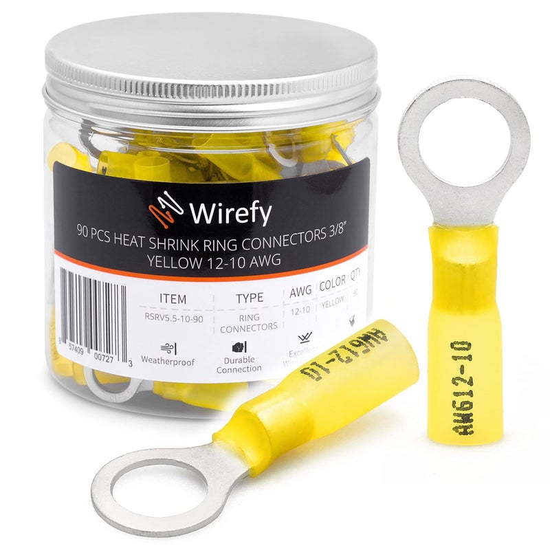 Wirefy 90 PCS Heat Shrink Ring Terminals 3/8" - a Resistant Ring Connectors - Eyelet Wire Connectors - Yellow 10-12 AWG - Image 1