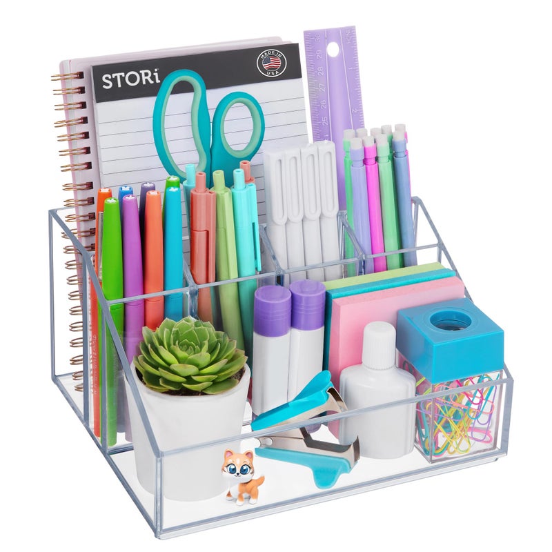 STORi Chloe Clear Plastic Stackable Desk Organizer, Rectangular 6-Compartment Office Supply Holder for Pens, Markers & Notepads, Made in USA - Image 1