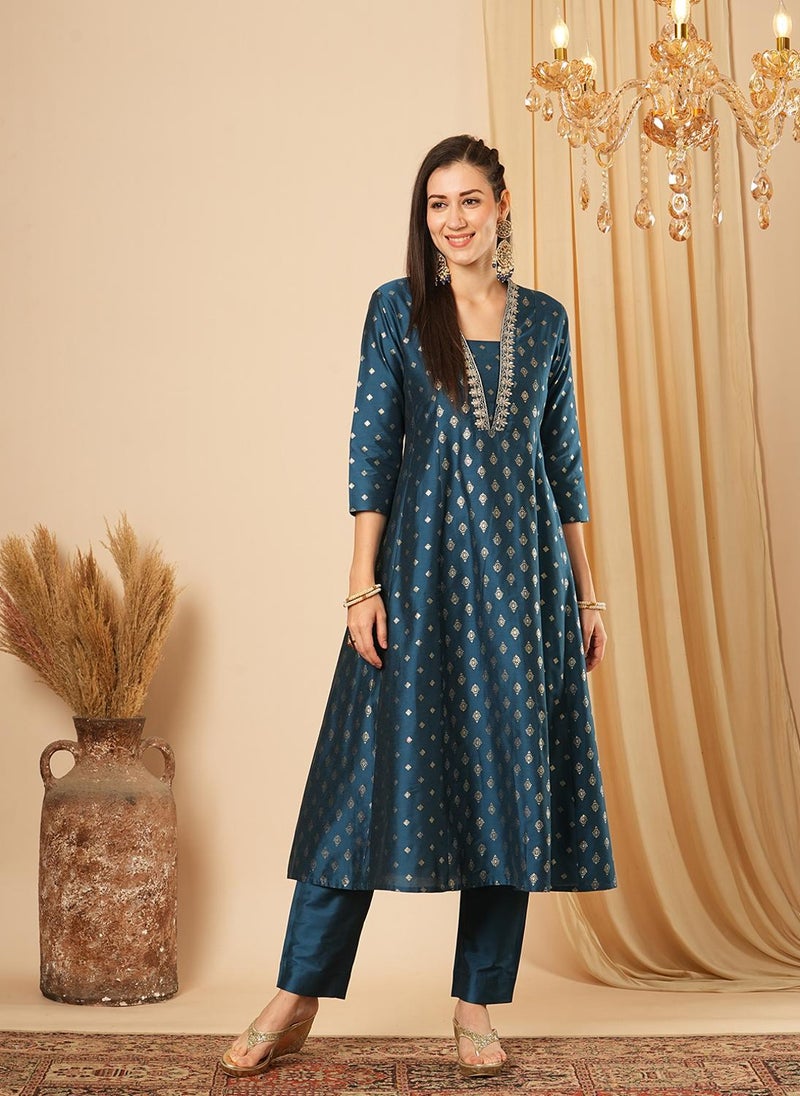 Globus Women's Blue Ethnic Print Anarkali Kurta Set with Thread Work Detail - Image 1