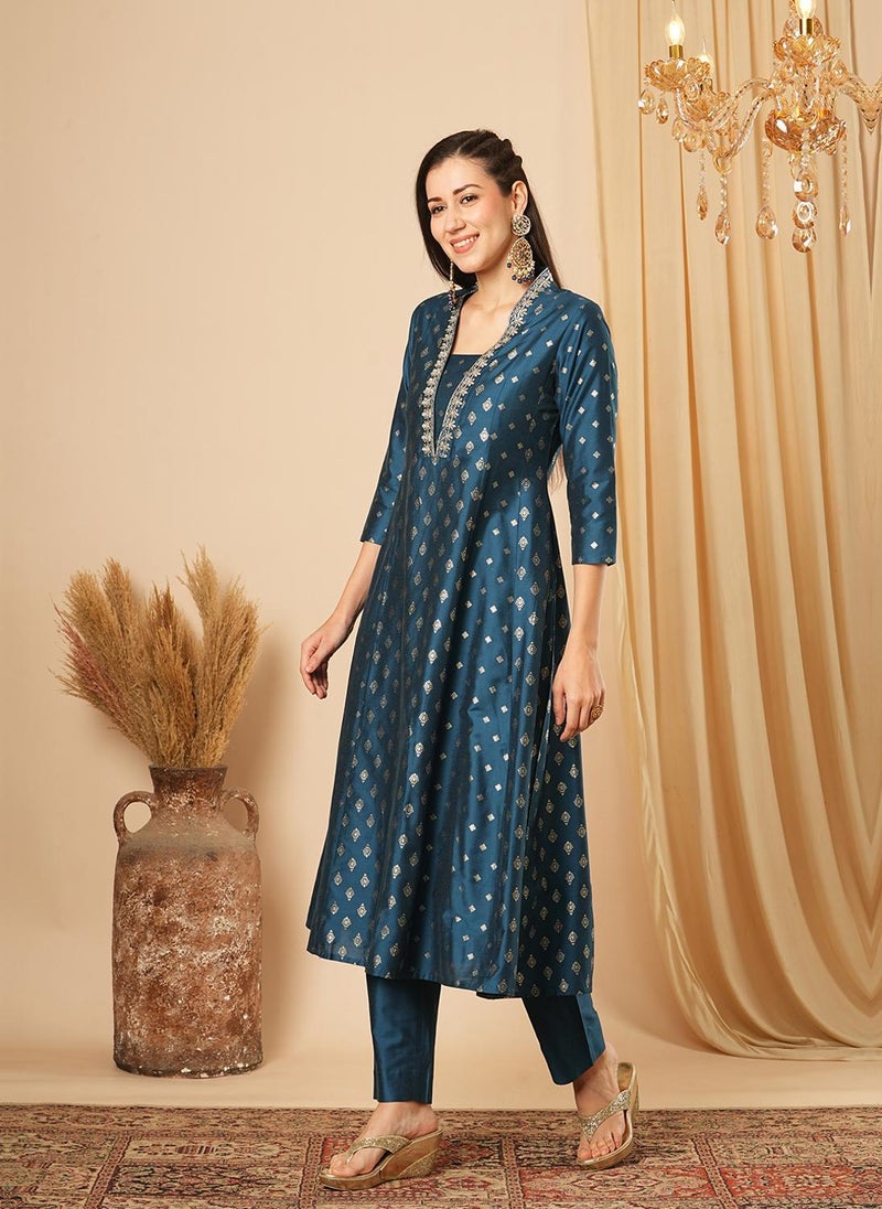 Globus Women's Blue Ethnic Print Anarkali Kurta Set with Thread Work Detail - Image 3