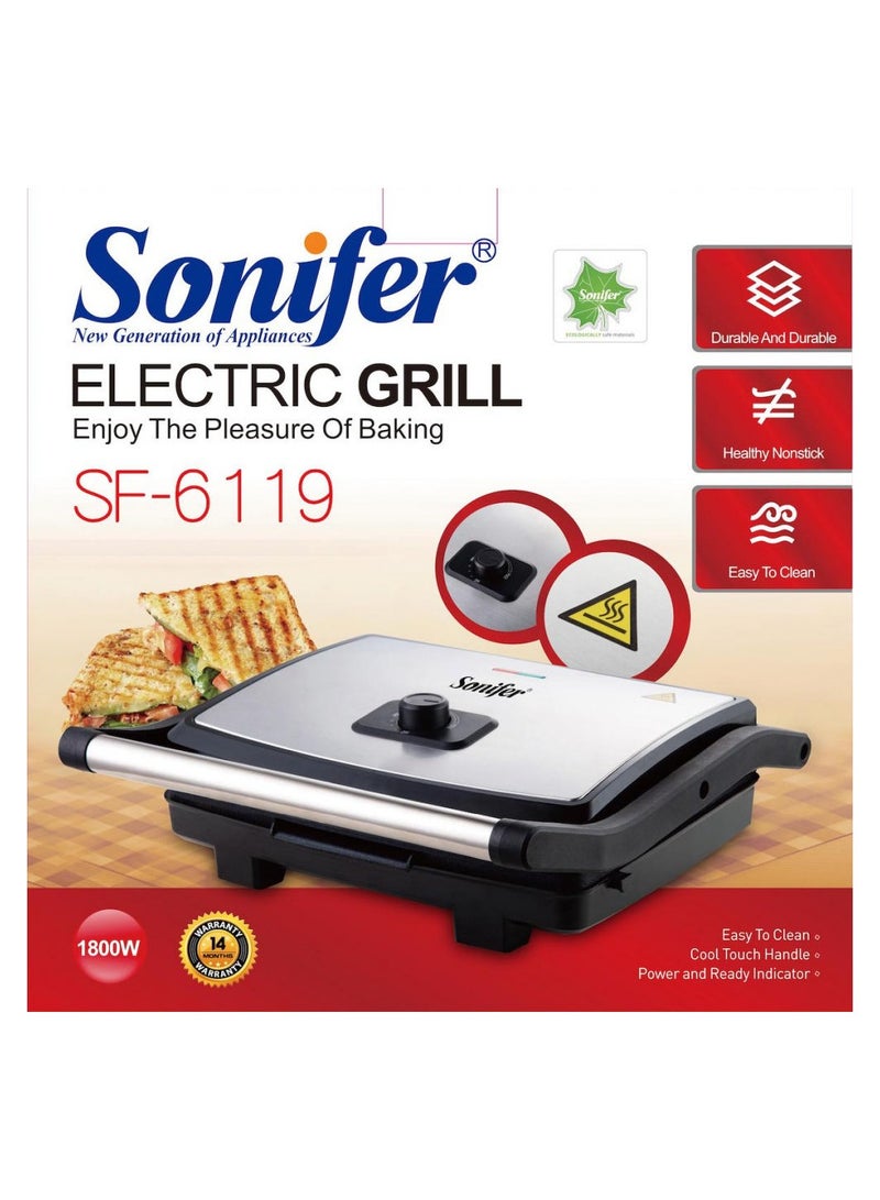 سونفير Sonifer 220V 1800W Adjustable Electric Grill Indoor Temperature Control Double Sided Smokeless BBQ Pan Mini Grill Black*Silver 1800 W sf-6119 silver - Image 2