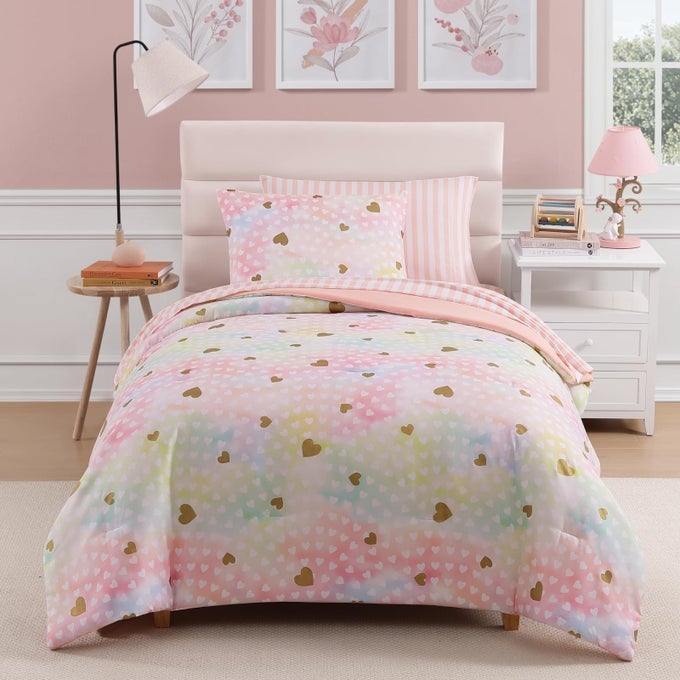 TWIN COMFORTER SET WITH SHEETS FOR GIRLS5 PIECES TWIN BEDDING SETS WITH PINK COMFORTER SHEETS PILLOWCASE SHAM FOR KIDS COLORFUL GOLD HEART 66 X 86