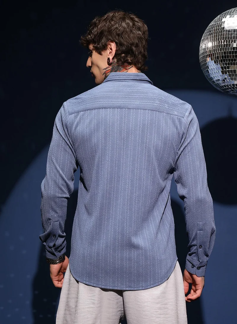Campus Sutra Men's Cornflower Blue Parallel-Crease Tactile Shirt For Casual Wear | Spread Collar | Long Cuffed Sleeves | Button Closure | Shirt Crafted With Comfort Fit For Everyday Wear