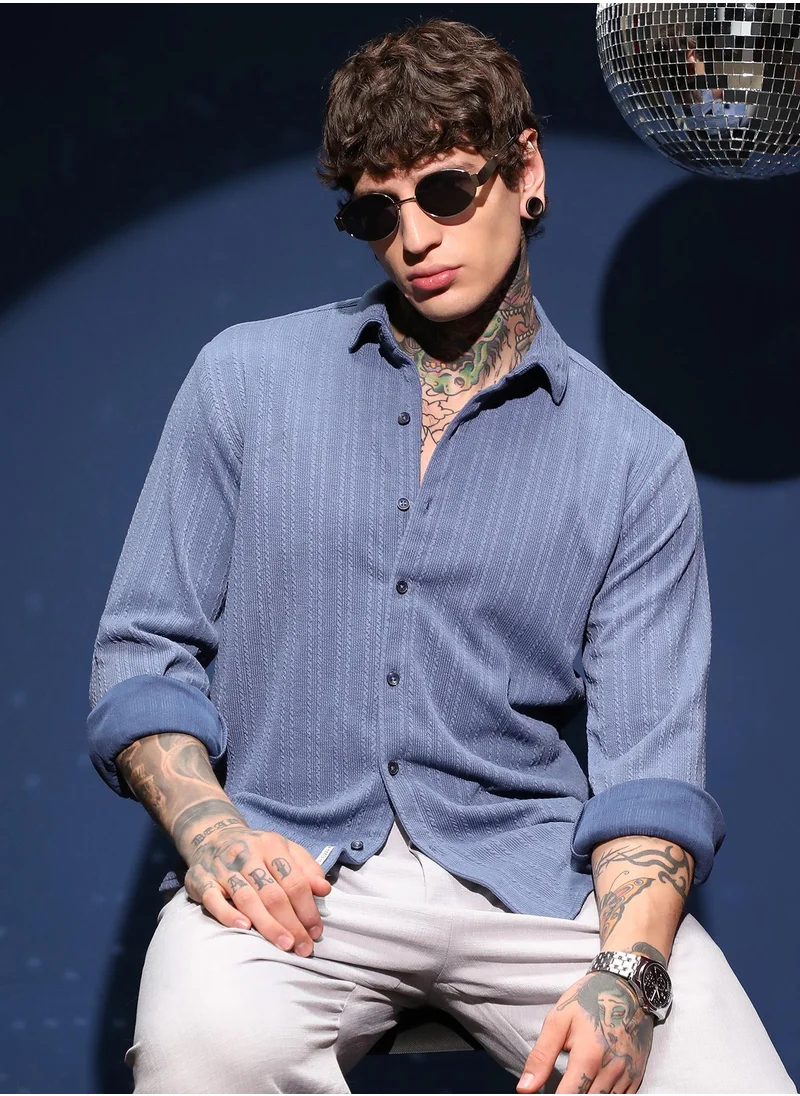 كامبوس سوترا Men's Cornflower Blue Parallel-Crease Tactile Shirt For Casual Wear | Spread Collar | Long Cuffed Sleeves | Button Closure | Shirt Crafted With Comfort Fit For Everyday Wear