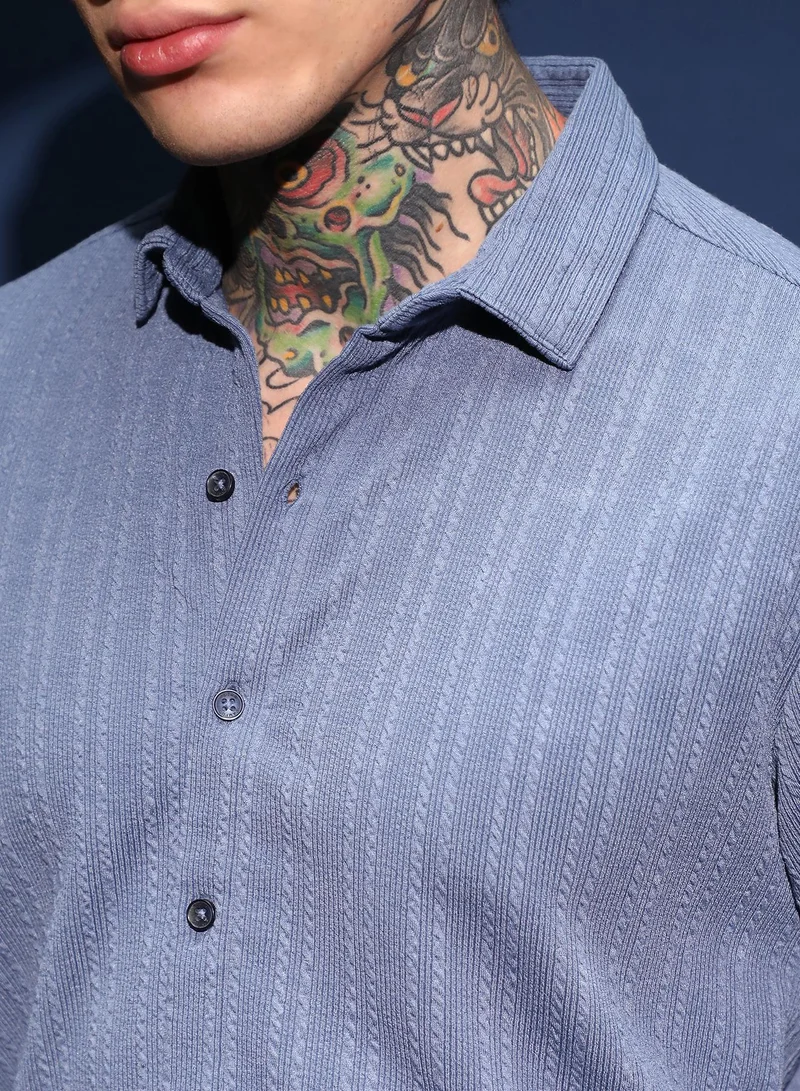 Campus Sutra Men's Cornflower Blue Parallel-Crease Tactile Shirt For Casual Wear | Spread Collar | Long Cuffed Sleeves | Button Closure | Shirt Crafted With Comfort Fit For Everyday Wear