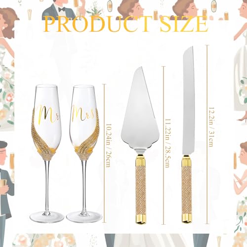 Sratte 4 Pcs Wedding Cake Knife and Champagne Flutes Server Set, Toasting Crystal Rhinestone Champagne Flutes Glasses Cake Knife Pie Server Wedding Gifts for Couple Bride Groom (Gold) - Image 2