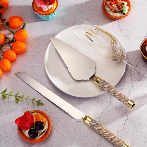 Sratte 4 Pcs Wedding Cake Knife and Champagne Flutes Server Set, Toasting Crystal Rhinestone Champagne Flutes Glasses Cake Knife Pie Server Wedding Gifts for Couple Bride Groom (Gold) - Image 5