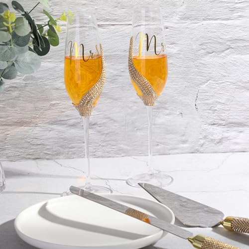 Sratte 4 Pcs Wedding Cake Knife and Champagne Flutes Server Set, Toasting Crystal Rhinestone Champagne Flutes Glasses Cake Knife Pie Server Wedding Gifts for Couple Bride Groom (Gold) - Image 4