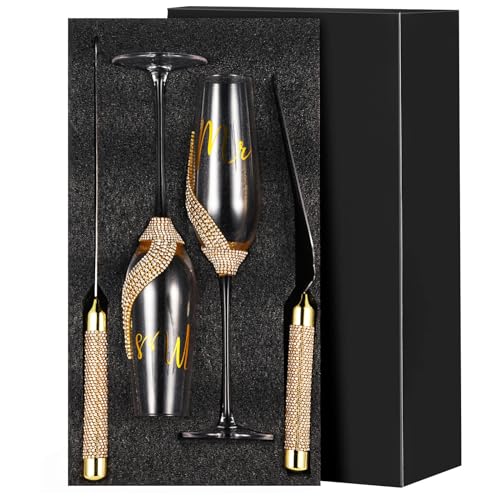 Sratte 4 Pcs Wedding Cake Knife and Champagne Flutes Server Set, Toasting Crystal Rhinestone Champagne Flutes Glasses Cake Knife Pie Server Wedding Gifts for Couple Bride Groom (Gold) - Image 3