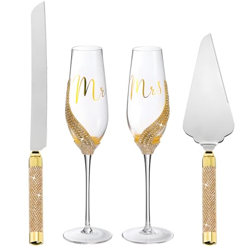 Sratte 4 Pcs Wedding Cake Knife and Champagne Flutes Server Set, Toasting Crystal Rhinestone Champagne Flutes Glasses Cake Knife Pie Server Wedding Gifts for Couple Bride Groom (Gold) - Image 1