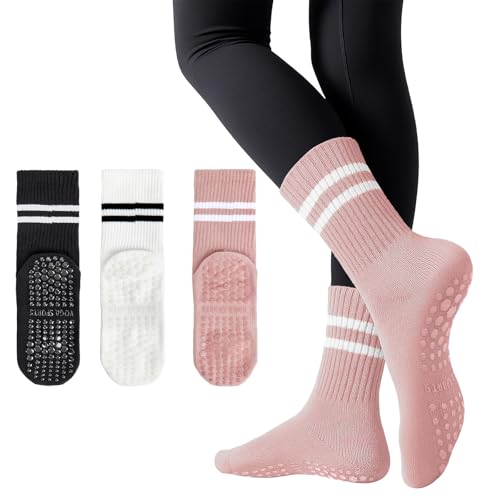 American Trends Pilates Socks with Grips for Women Yoga Non Slip Grippy Barre Dance Socks 3 Pairs-Black White Pink One Size - Image 1