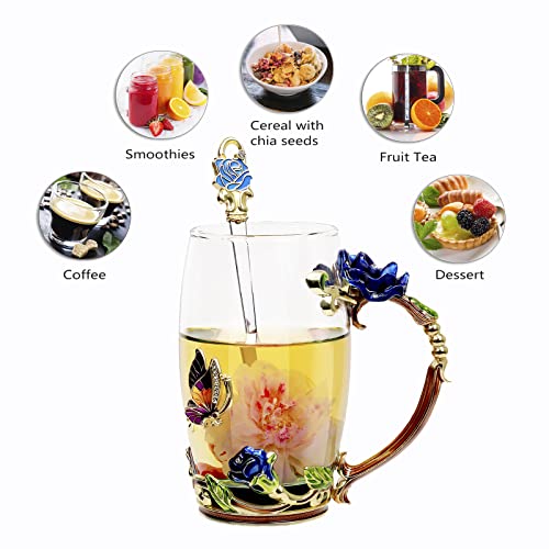 DUMVOIN Tea Cup Glass Coffee Mugs,Fancy Tea Cup Set Birthday Christmas Valentine's Day Gift Idea for Tea Lover and Women Novelty Coffee Mugs Rose Flower Enamel Tea Cup Glass Mug with Spoon Set - Image 3