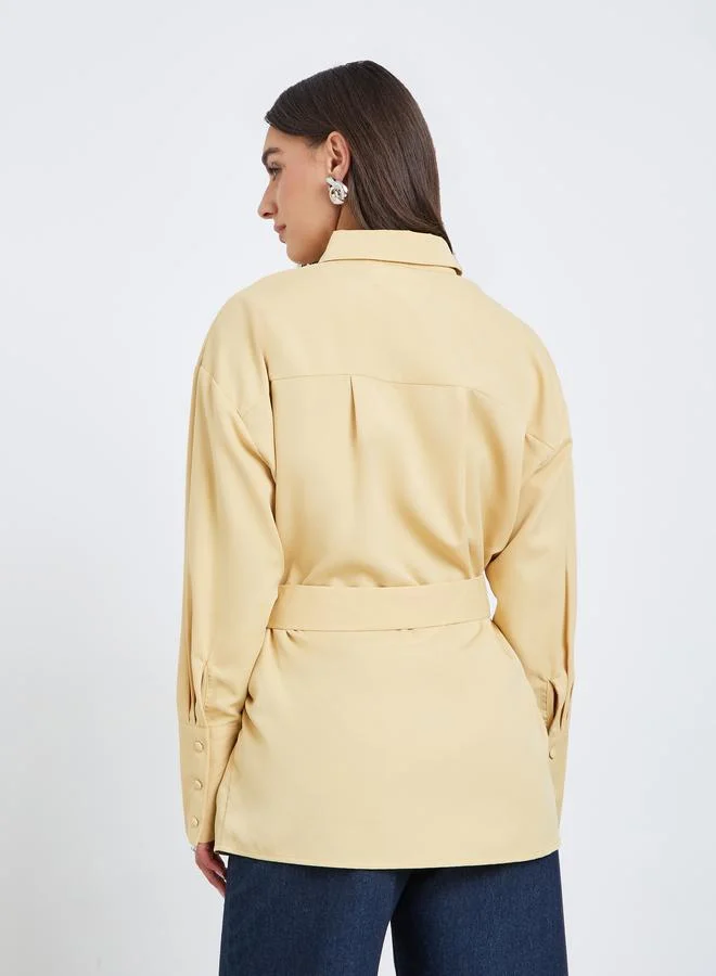 Styli Yellow Yellow Longline Belted Shirt for Women | Best Price UAE