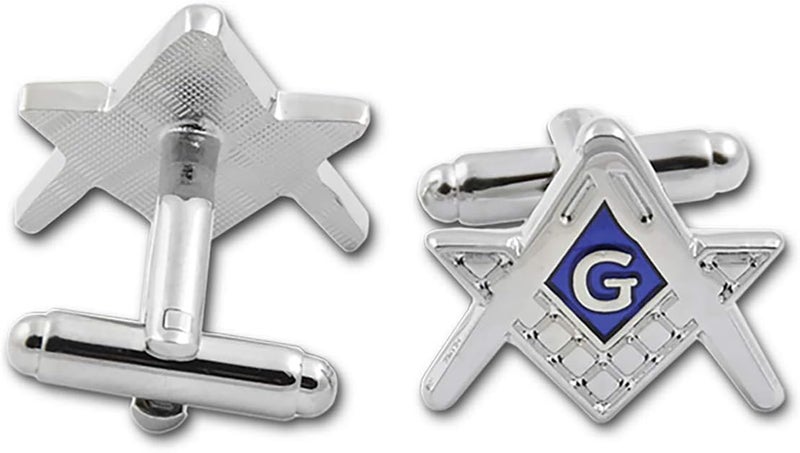 Square & Compass Masonic Cuff Link Pair - [Silver & Blue][3/4'' Wide]