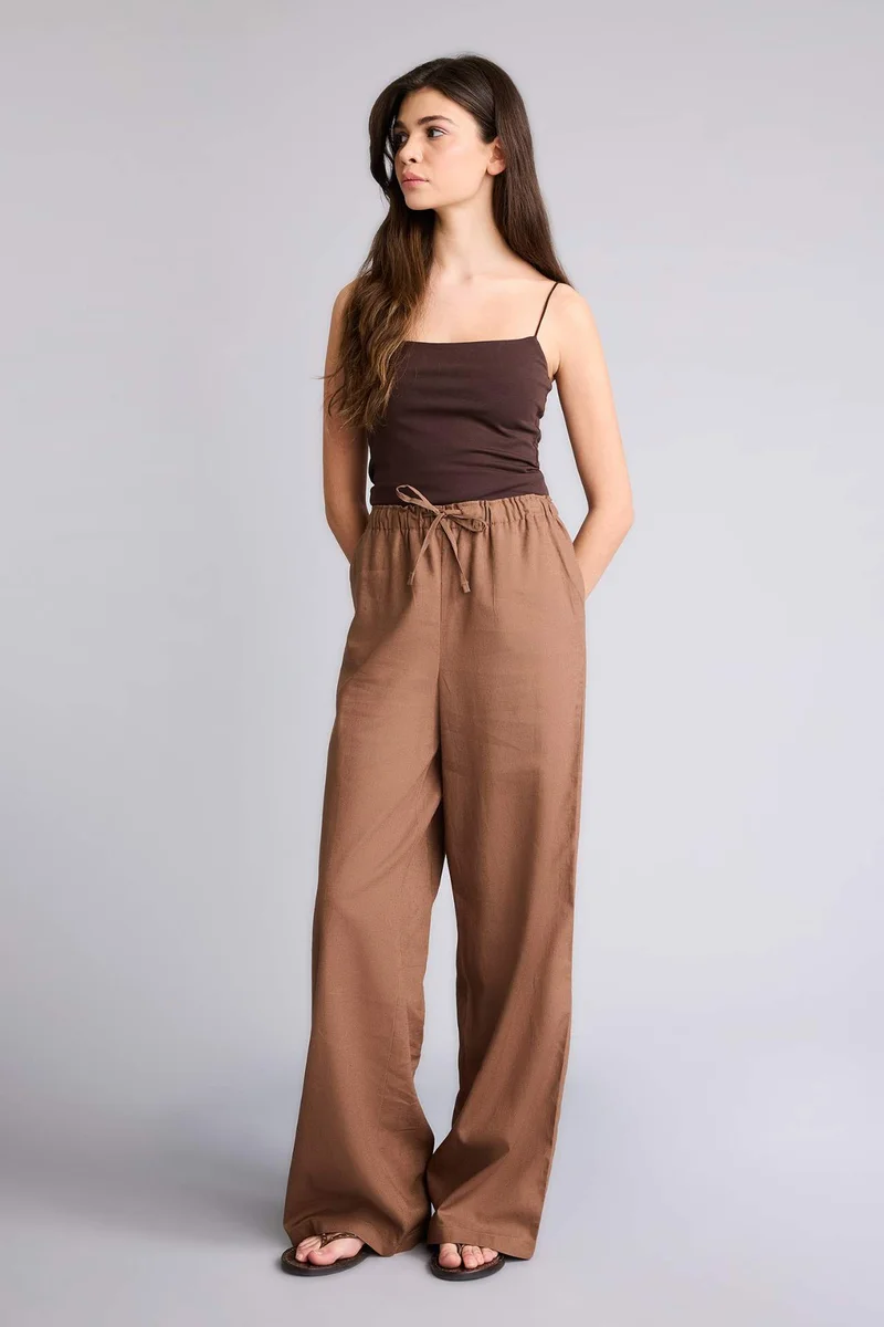 ديفاكتو Wide Leg Double Pocket Linen Blended Trousers