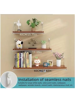 Arabest Floating Shelves Floating Shelf for Wall Floating Book Shelf Wall Mounted Organizer for Kitchen Living Room Bedroom Office Storage Shelves Display Racks Home Decor Set of 3, Teak  - Image 2