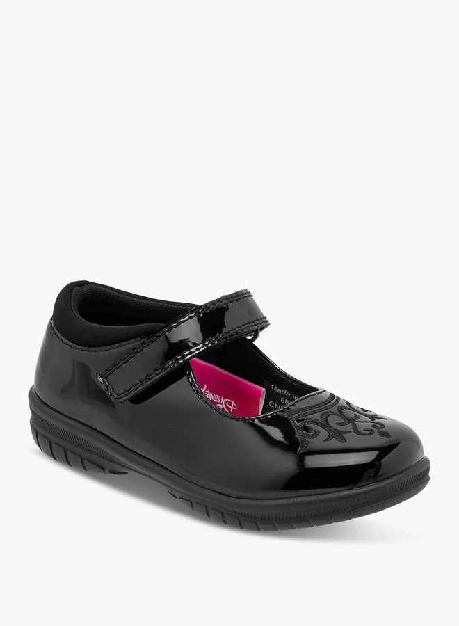 ديزني Girls Embroidered Mary Jane School Shoes with Hook and Loop Closure