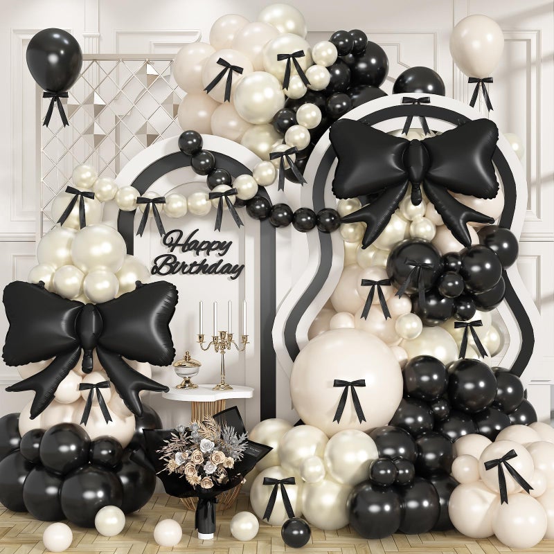 Togvu Black Bow Balloon Arch, Black White Coquette Birthday Decorations, Double Stuffed Pearl Sand White Ivory Black Balloon Garland with Foil Bow Balloons for Engagement Wedding Bridal Shower Bachelorette - Image 1