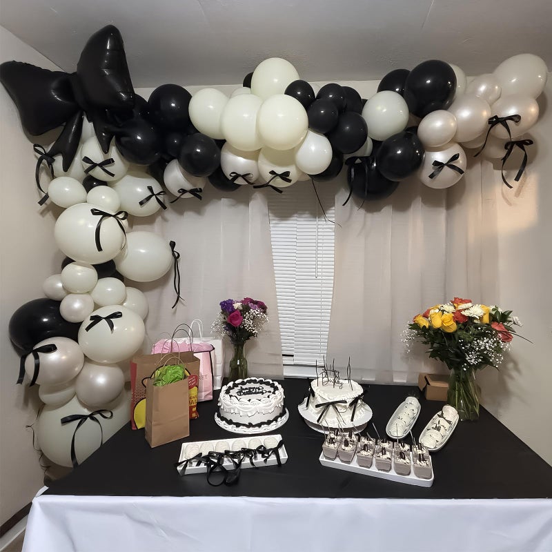Togvu Black Bow Balloon Arch, Black White Coquette Birthday Decorations, Double Stuffed Pearl Sand White Ivory Black Balloon Garland with Foil Bow Balloons for Engagement Wedding Bridal Shower Bachelorette - Image 2