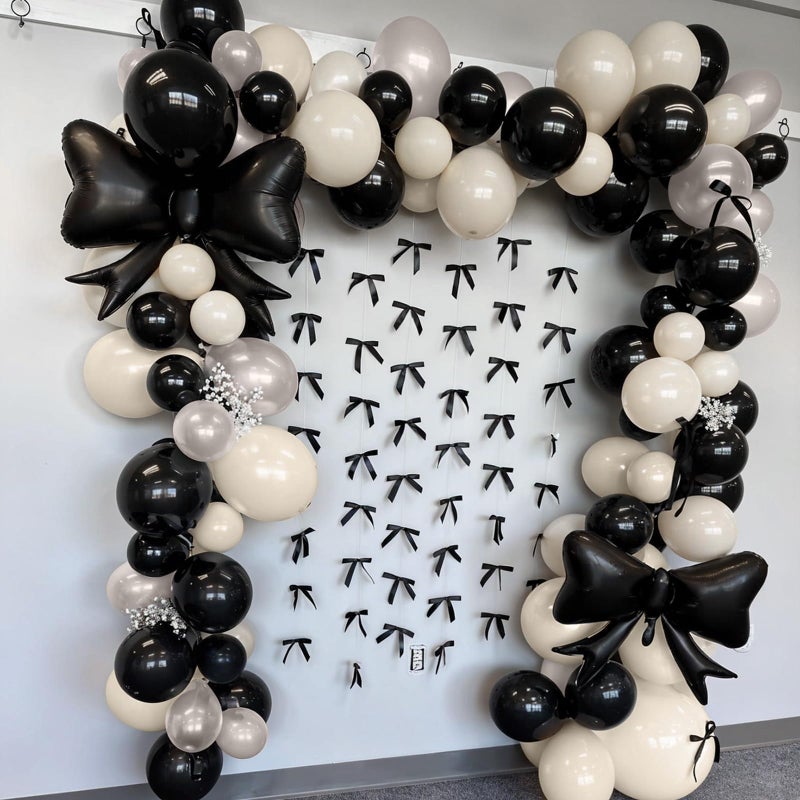 Togvu Black Bow Balloon Arch, Black White Coquette Birthday Decorations, Double Stuffed Pearl Sand White Ivory Black Balloon Garland with Foil Bow Balloons for Engagement Wedding Bridal Shower Bachelorette - Image 4