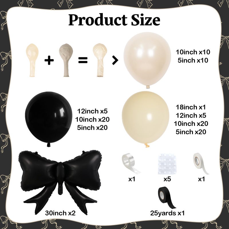 Togvu Black Bow Balloon Arch, Black White Coquette Birthday Decorations, Double Stuffed Pearl Sand White Ivory Black Balloon Garland with Foil Bow Balloons for Engagement Wedding Bridal Shower Bachelorette - Image 3