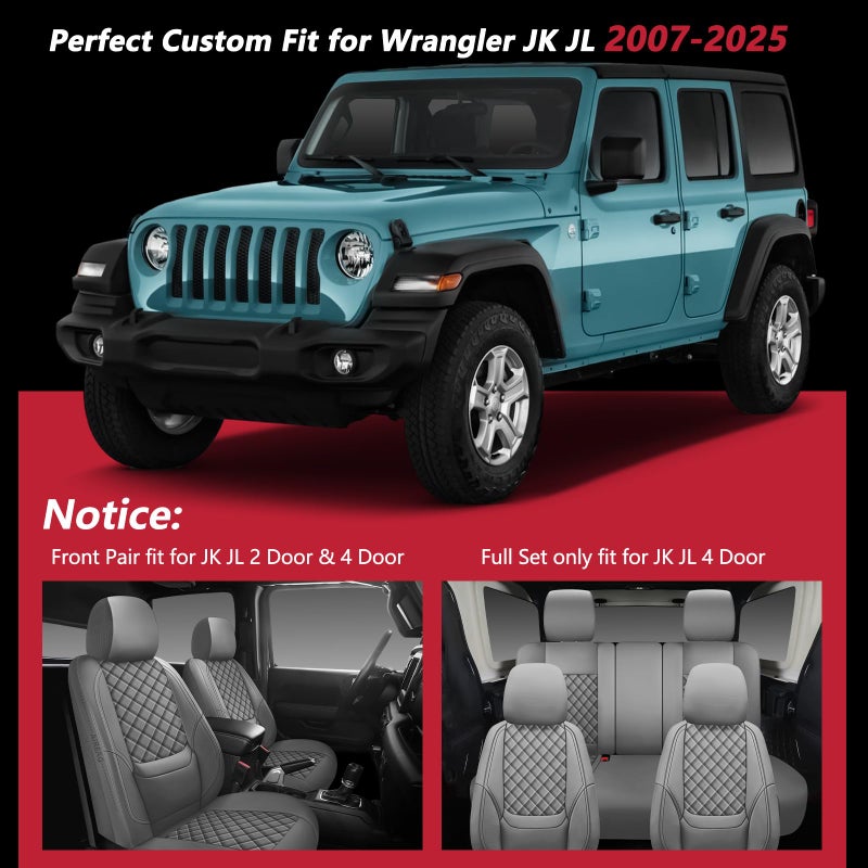 WENNFOUR Wrangler Seat Covers 2007-2026 Full Set, Waterproof Leather Interior Sets with Lumbar Support Custom Fit for Jeep Wrangler JK JL 4 Door Unlimited Sahara/Sport/Rubicon X 392 Willys, Gray - Image 4