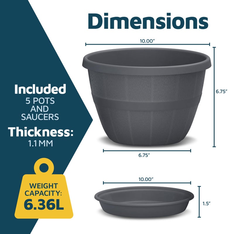 LifeMaster 10-Inch Whiskey Barrel Planters Outdoor Pack of 5 - Durable Plastic Plant Pots for Indoor & Outdoor Use with Drainage & Saucer, Lightweight Rustic Barrel Planters for Flowers, Herbs & Small Plants - Image 2