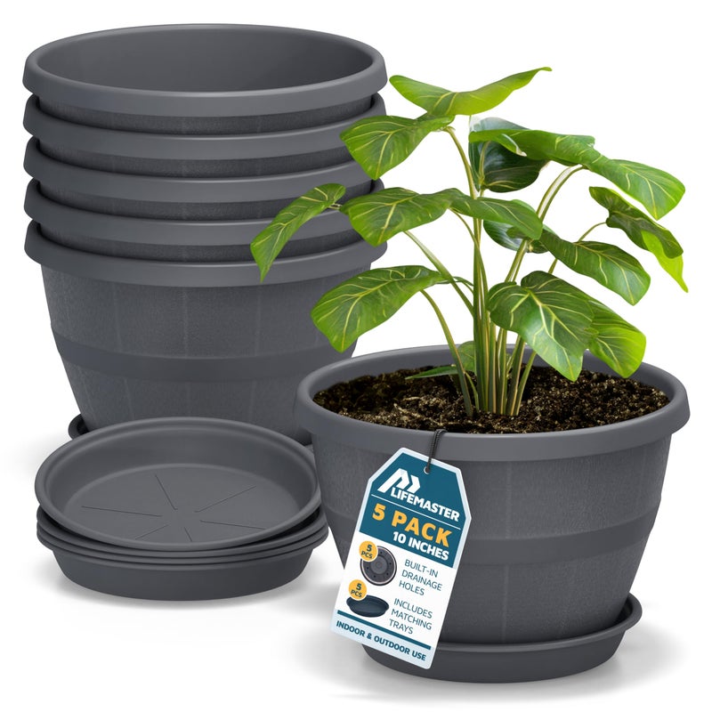 LifeMaster 10-Inch Whiskey Barrel Planters Outdoor Pack of 5 - Durable Plastic Plant Pots for Indoor & Outdoor Use with Drainage & Saucer, Lightweight Rustic Barrel Planters for Flowers, Herbs & Small Plants - Image 1