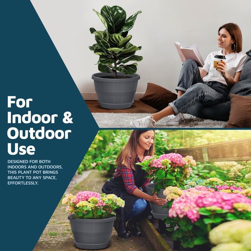 LifeMaster 10-Inch Whiskey Barrel Planters Outdoor Pack of 5 - Durable Plastic Plant Pots for Indoor & Outdoor Use with Drainage & Saucer, Lightweight Rustic Barrel Planters for Flowers, Herbs & Small Plants - Image 3