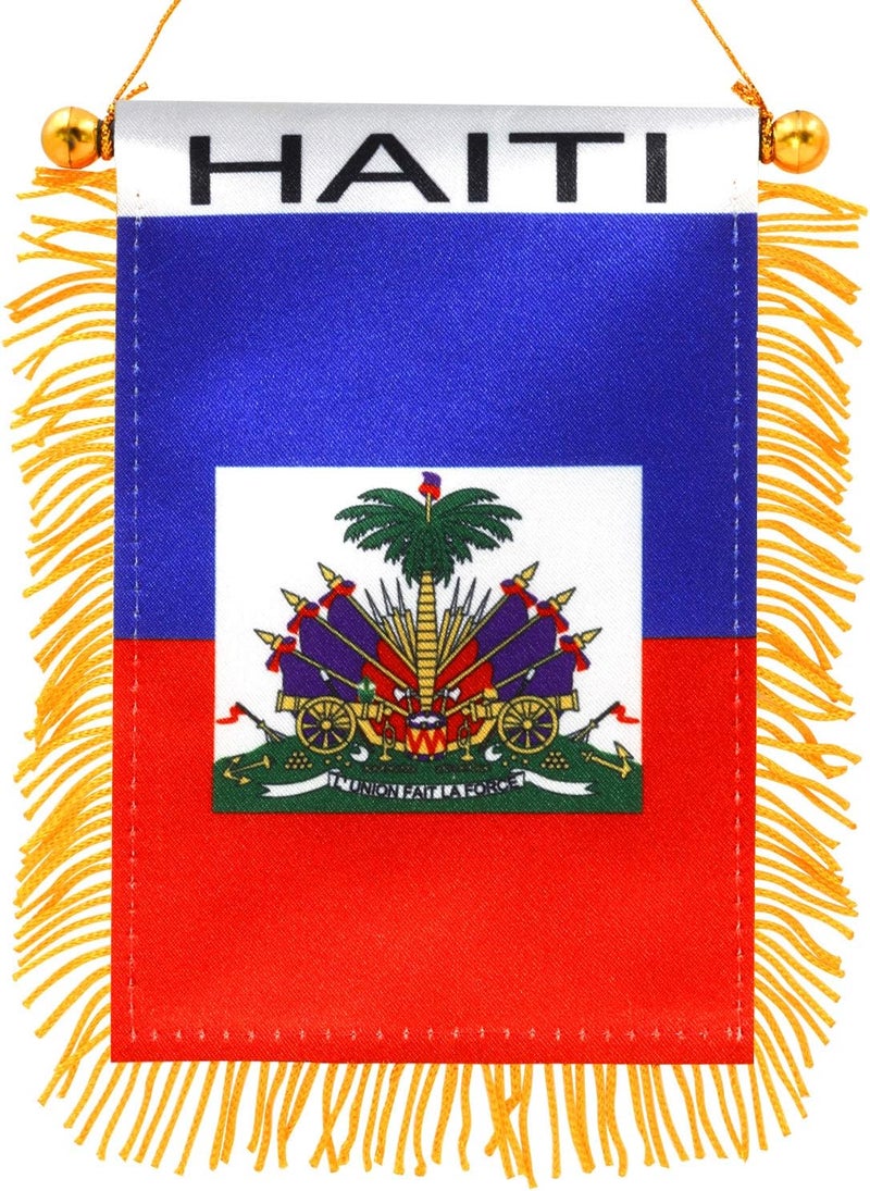 Anley 4 X 6 Inch Haiti Fringy Window Hanging Flag - Mini Flag Banner & Car Rearview Mirror Décor - Fringed & Double Sided - Haitian Hanging Flag with Suction Cup - Image 1