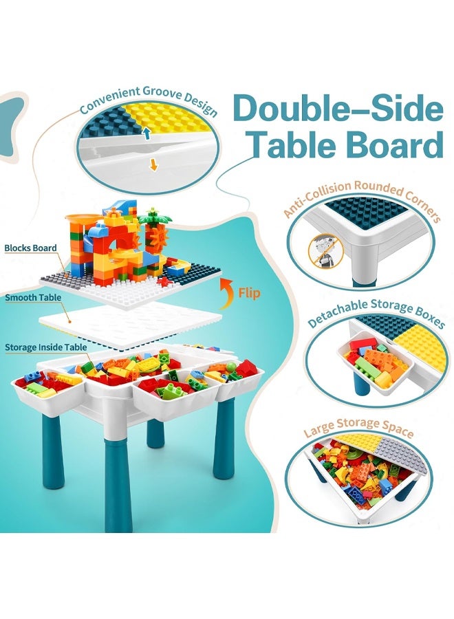 إتش كيو جيمنغ طاولة أنشطة للأطفال، مجموعة كراسي طاولة لعب 5 في 1، طاولة مكعبات بناء، ارتفاع قابل للتعديل، صندوق تخزين، 190 قطعة مكعبات بناء، مجموعة ألعاب طاولة الماء والرمل هدية للأطفال الصغار - Image 3