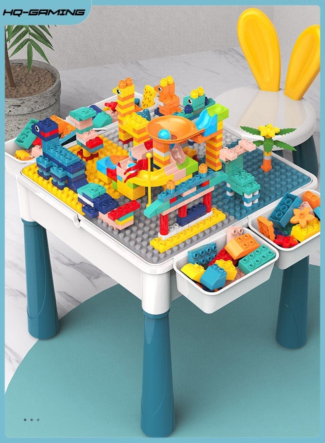 إتش كيو جيمنغ طاولة أنشطة للأطفال، مجموعة كراسي طاولة لعب 5 في 1، طاولة مكعبات بناء، ارتفاع قابل للتعديل، صندوق تخزين، 190 قطعة مكعبات بناء، مجموعة ألعاب طاولة الماء والرمل هدية للأطفال الصغار - Image 1
