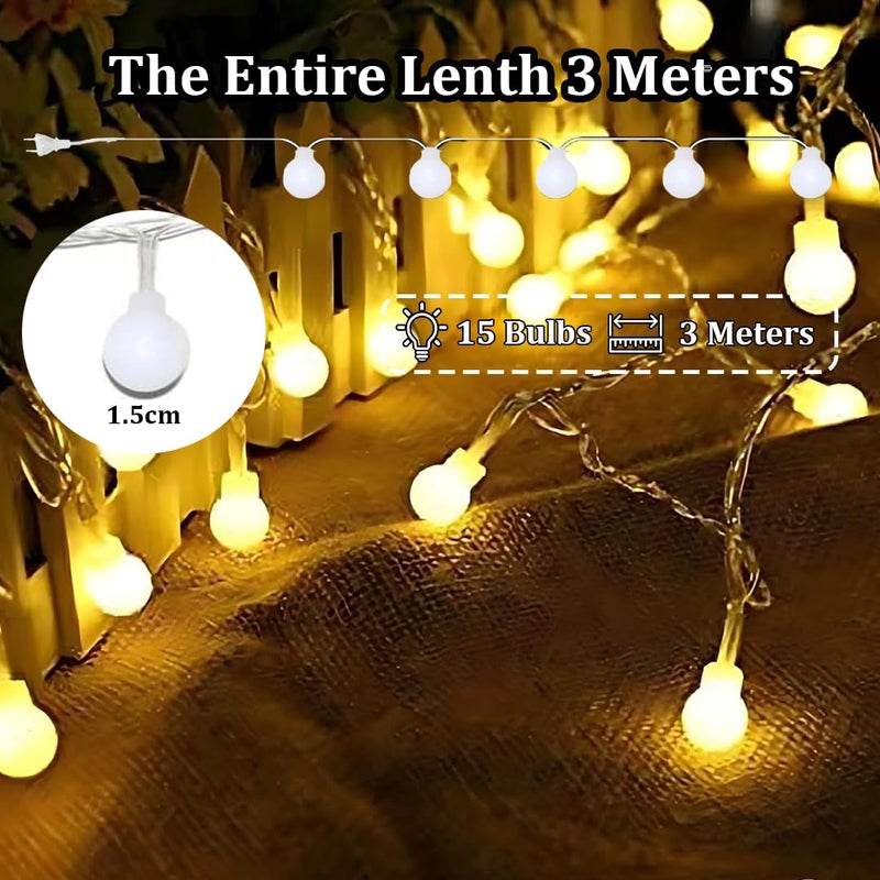 fizzytech أضواء خيط كرات الفقاعات – 15 LED، 3م أبيض دافئ | أضواء LED للزينة، أضواء ديوالي لغرفة النوم، الشرفة، الحفلات، عيد الميلاد، المنزل، الباب الرئيسي والاستخدام الخارجي - Image 4