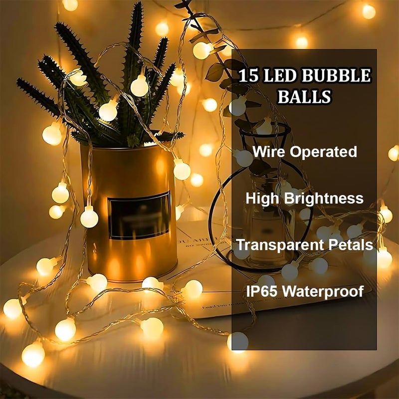 fizzytech أضواء خيط كرات الفقاعات – 15 LED، 3م أبيض دافئ | أضواء LED للزينة، أضواء ديوالي لغرفة النوم، الشرفة، الحفلات، عيد الميلاد، المنزل، الباب الرئيسي والاستخدام الخارجي - Image 5