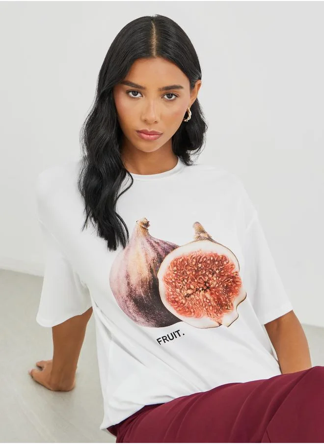 تايك تو Take Two Graphic Print Round Neck Oversized T-Shirt
